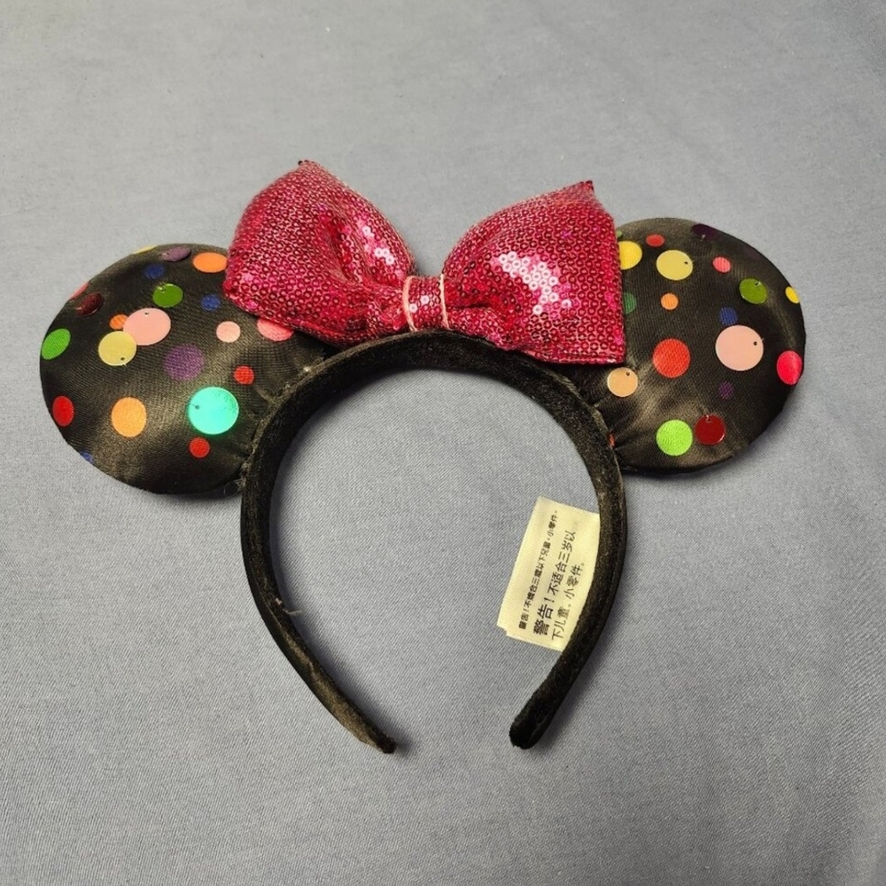 Black Polka Dot Ears with Pink Sequin Bow